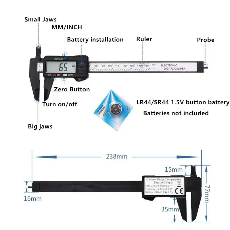 Calibrador Vernier Digital de Fibra de Carbono 100/150 mm