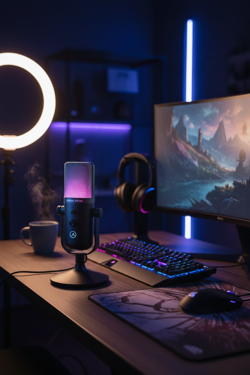Micrófono condensador USB-C RGB en escritorio de streamer con setup gamer