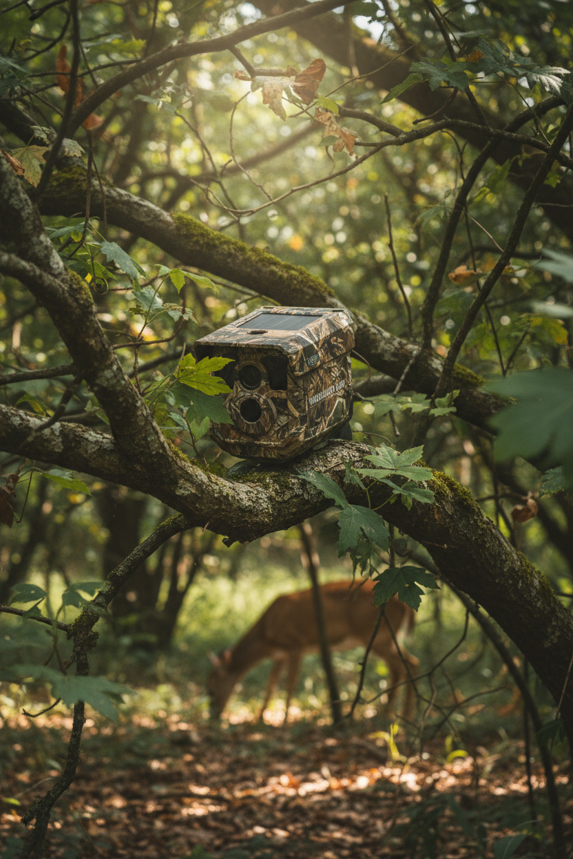 Cámara solar camuflada entre ramas de árbol en bosque para monitoreo de vida silvestre