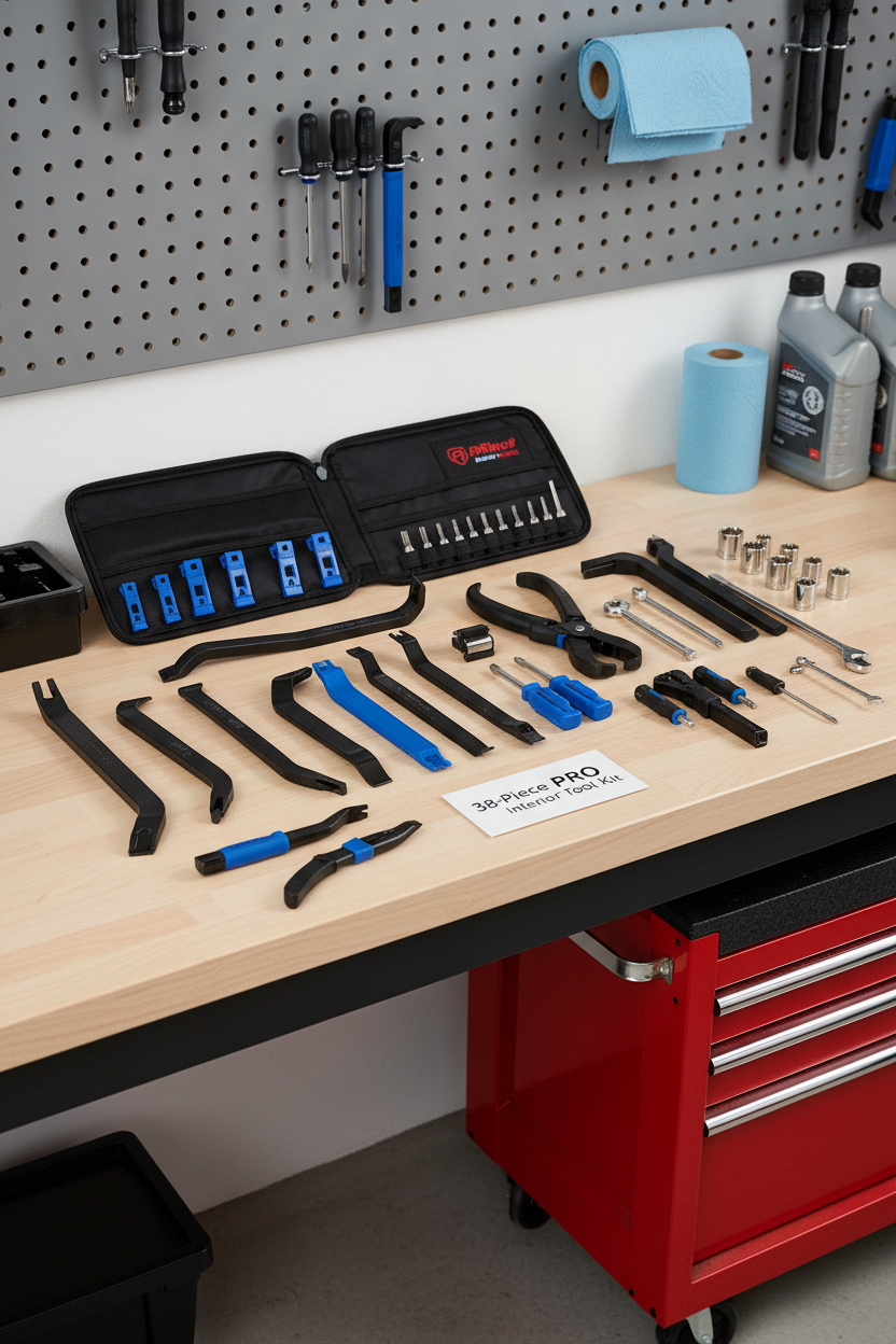 Kit de 38 herramientas de desmontaje automotriz ordenadas en banco de trabajo de taller